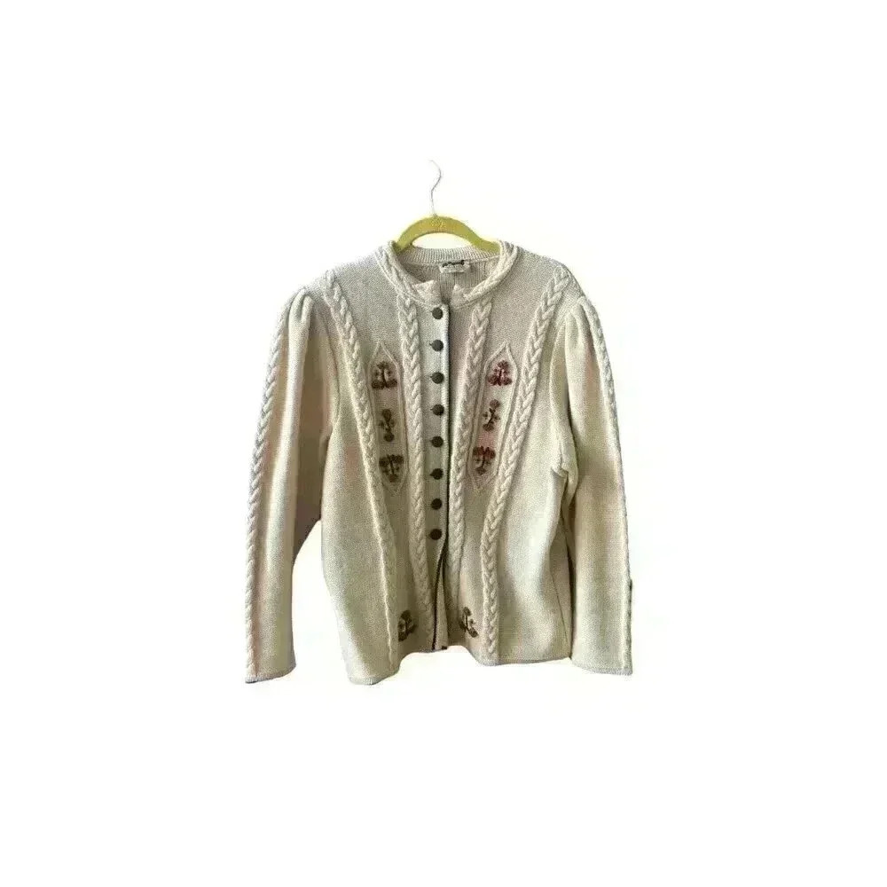 Vintage Astrifa Gestrickte Trach Holiday Cream Ivory Wool Cardigan Size 44 M/L